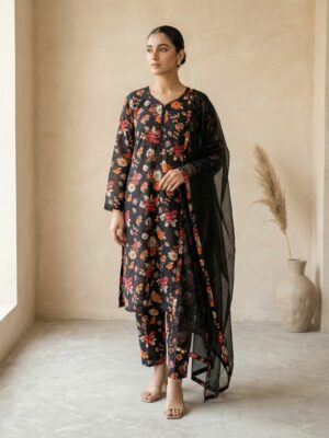 Midnight Black Floral Printed Suit