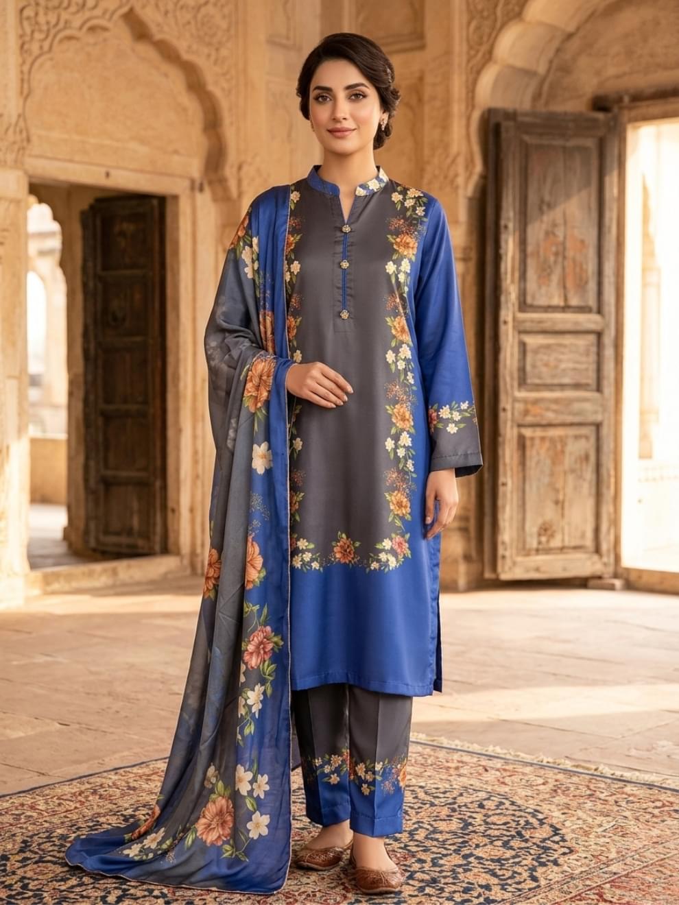 Royal Blue & Charcoal Floral Printed Suit
