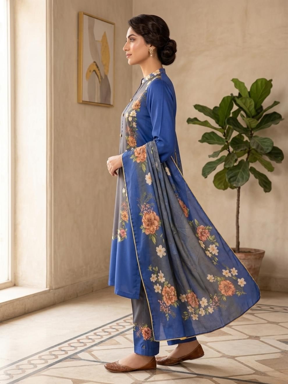 Royal Blue & Charcoal Floral Printed Suit - Image 2