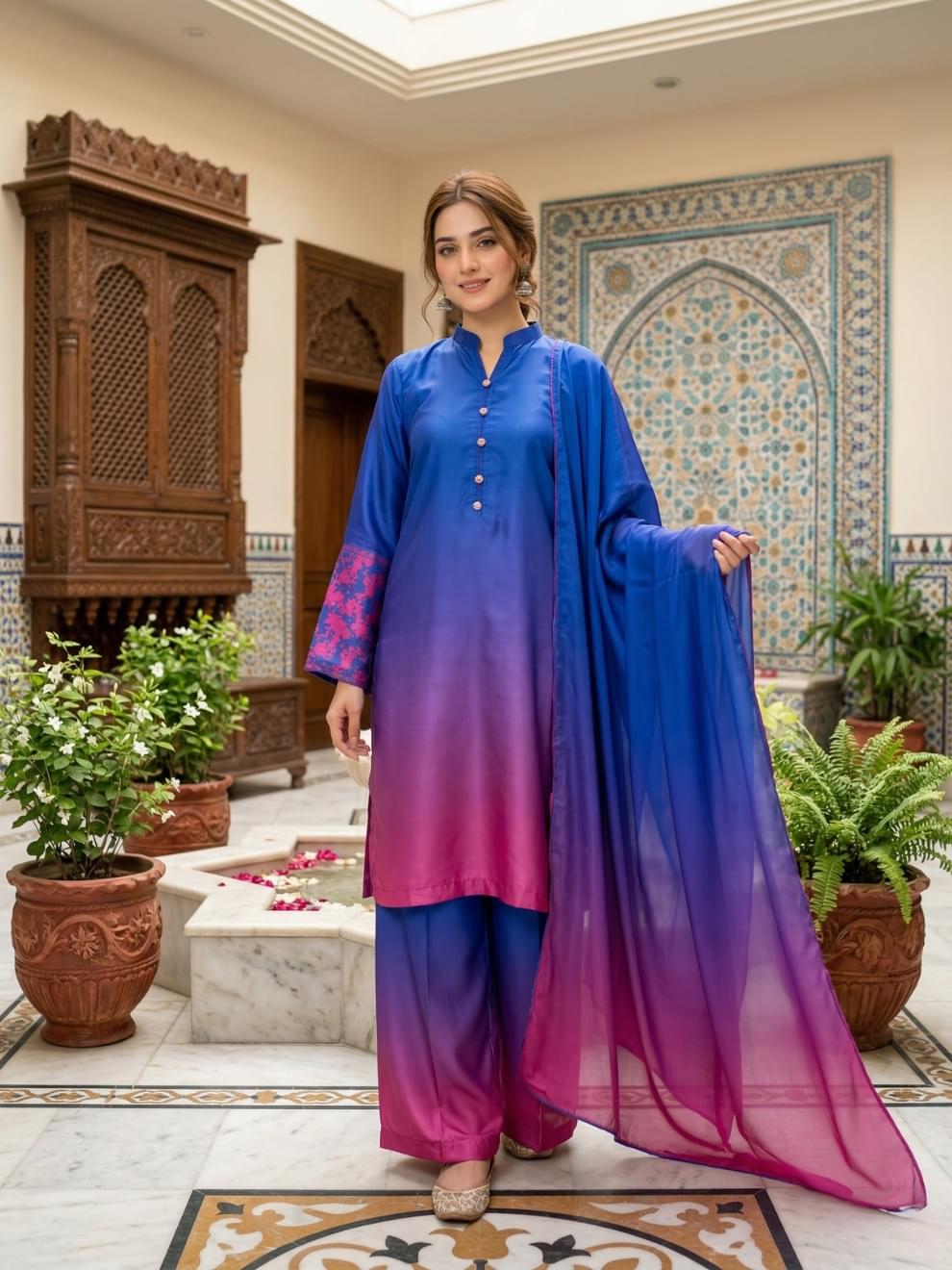 Royal Blue & Magenta Ombre Silk Suit