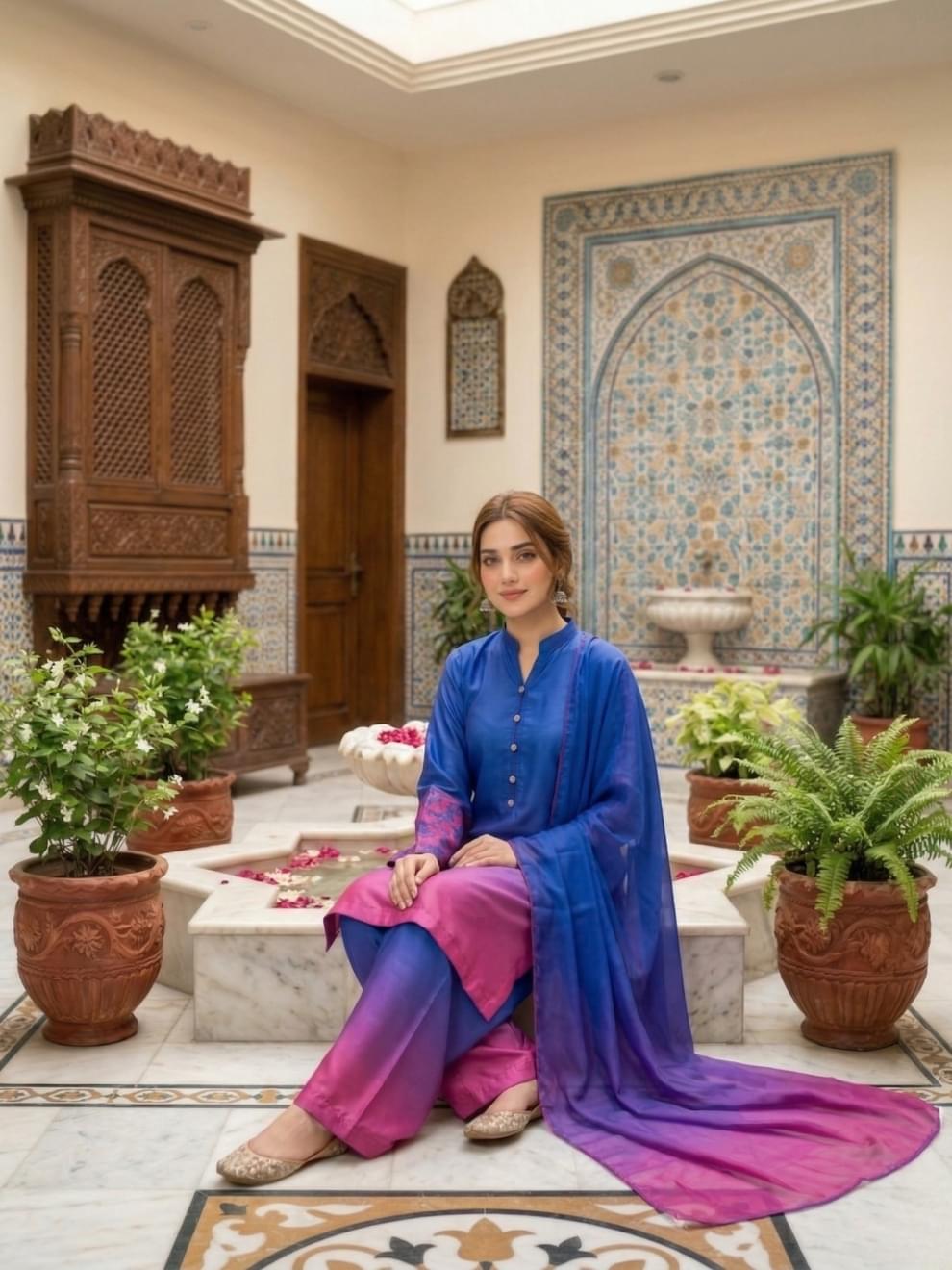 Royal Blue & Magenta Ombre Silk Suit - Image 2