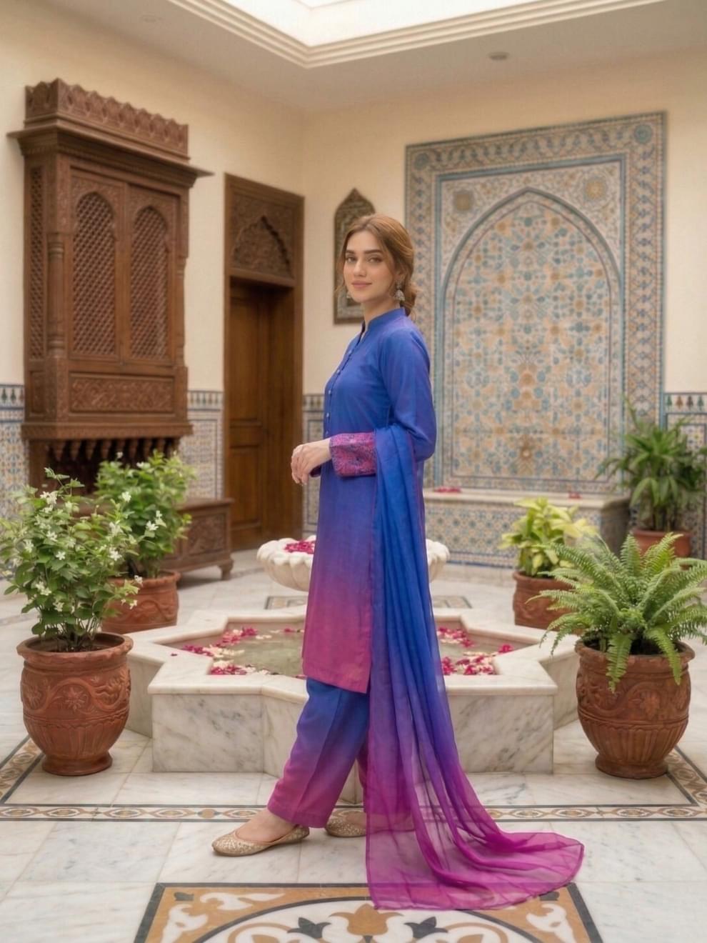 Royal Blue & Magenta Ombre Silk Suit - Image 3
