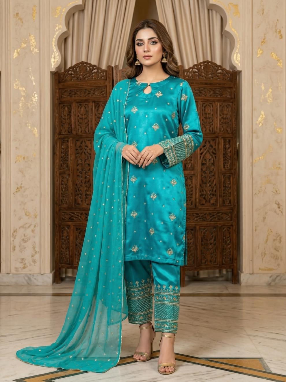 Turquoise Embroidered Silk Suit