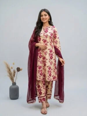 Cream & Maroon Floral Printed Suit