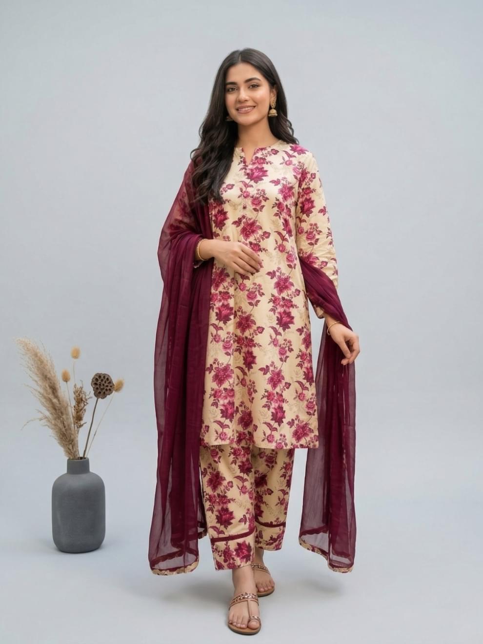 Cream & Maroon Floral Printed Suit
