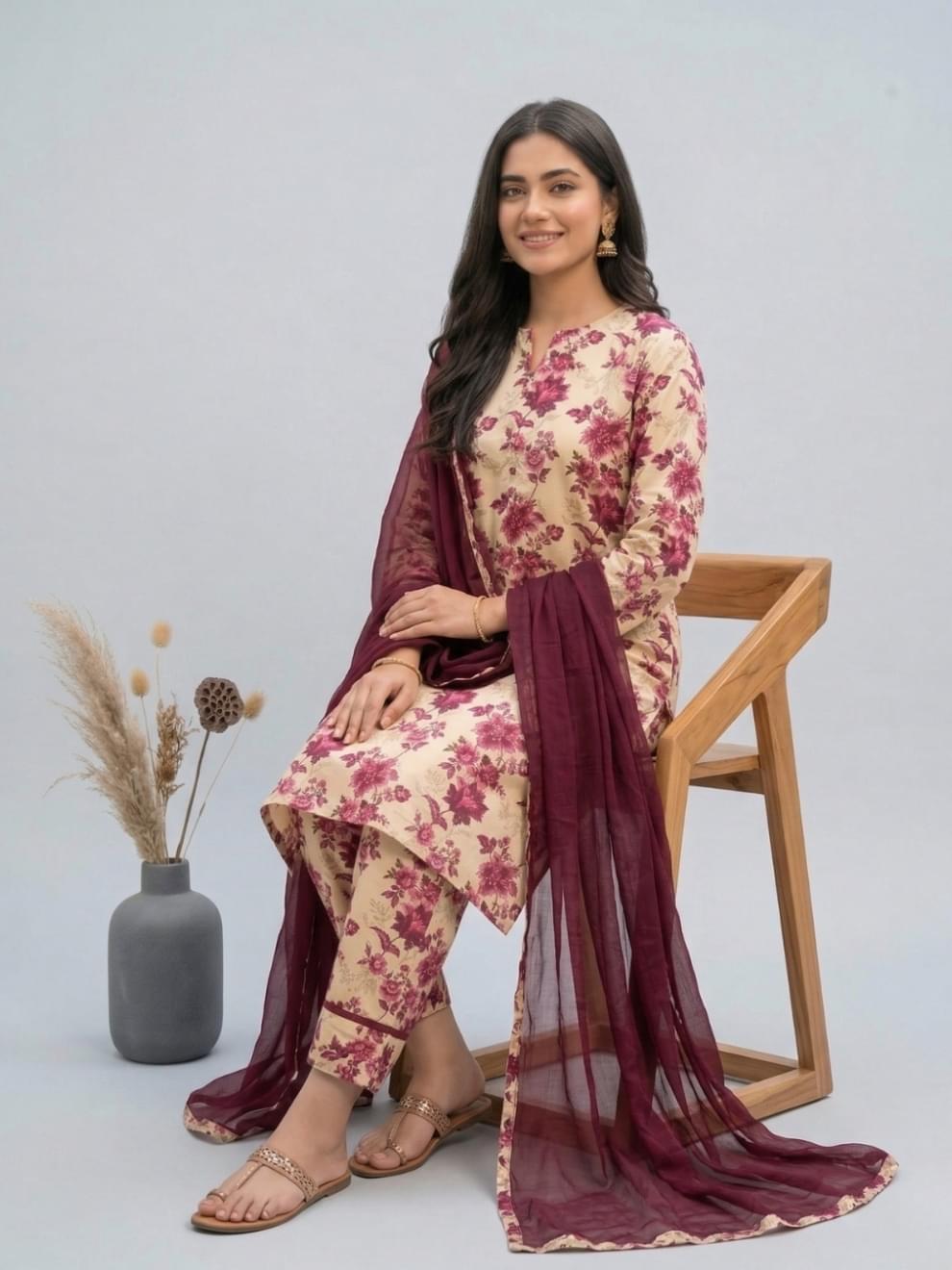 Cream & Maroon Floral Printed Suit - Image 2