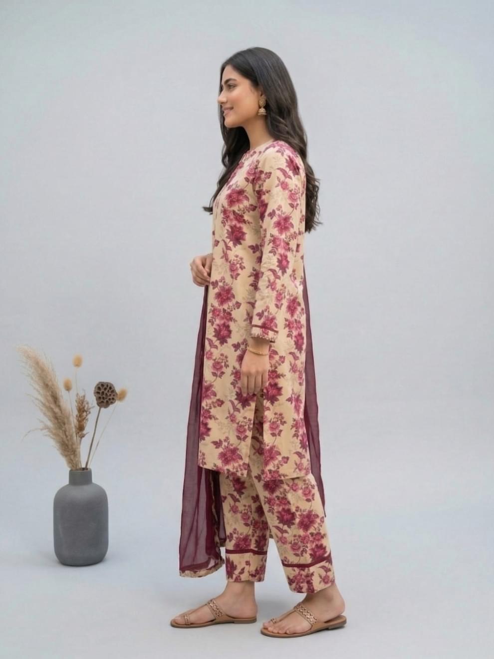 Cream & Maroon Floral Printed Suit - Image 3