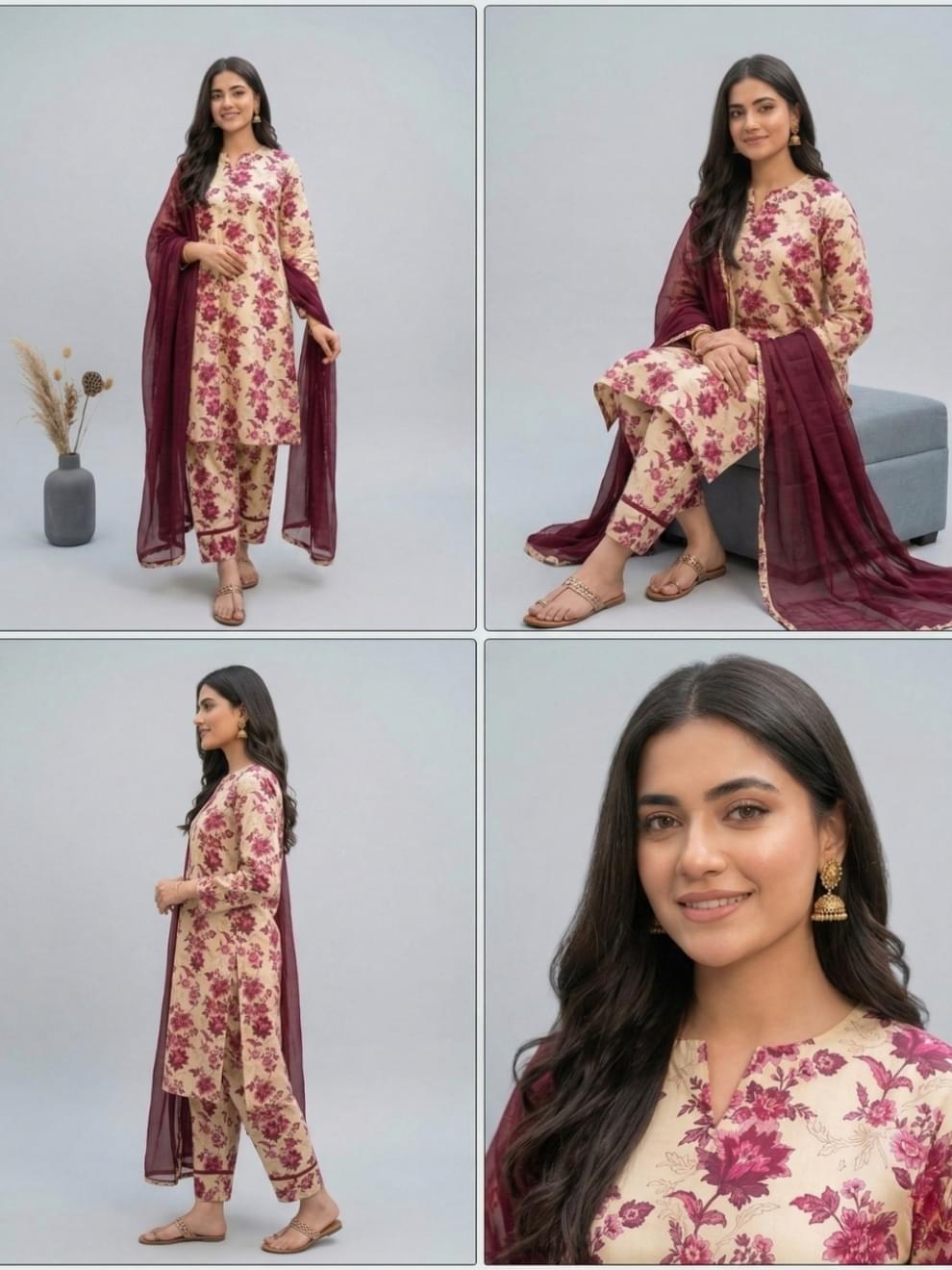Cream & Maroon Floral Printed Suit - Image 4
