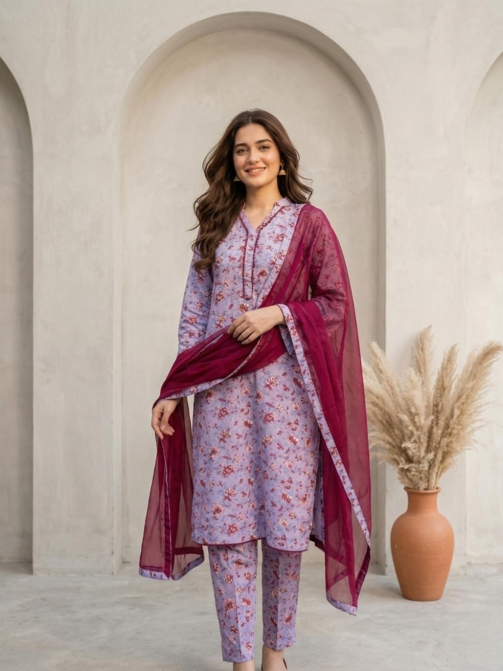 Lavender & Maroon Floral Printed Suit
