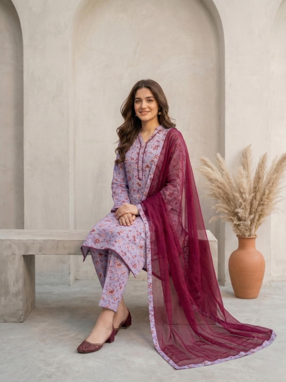 Lavender & Maroon Floral Printed Suit - Image 2