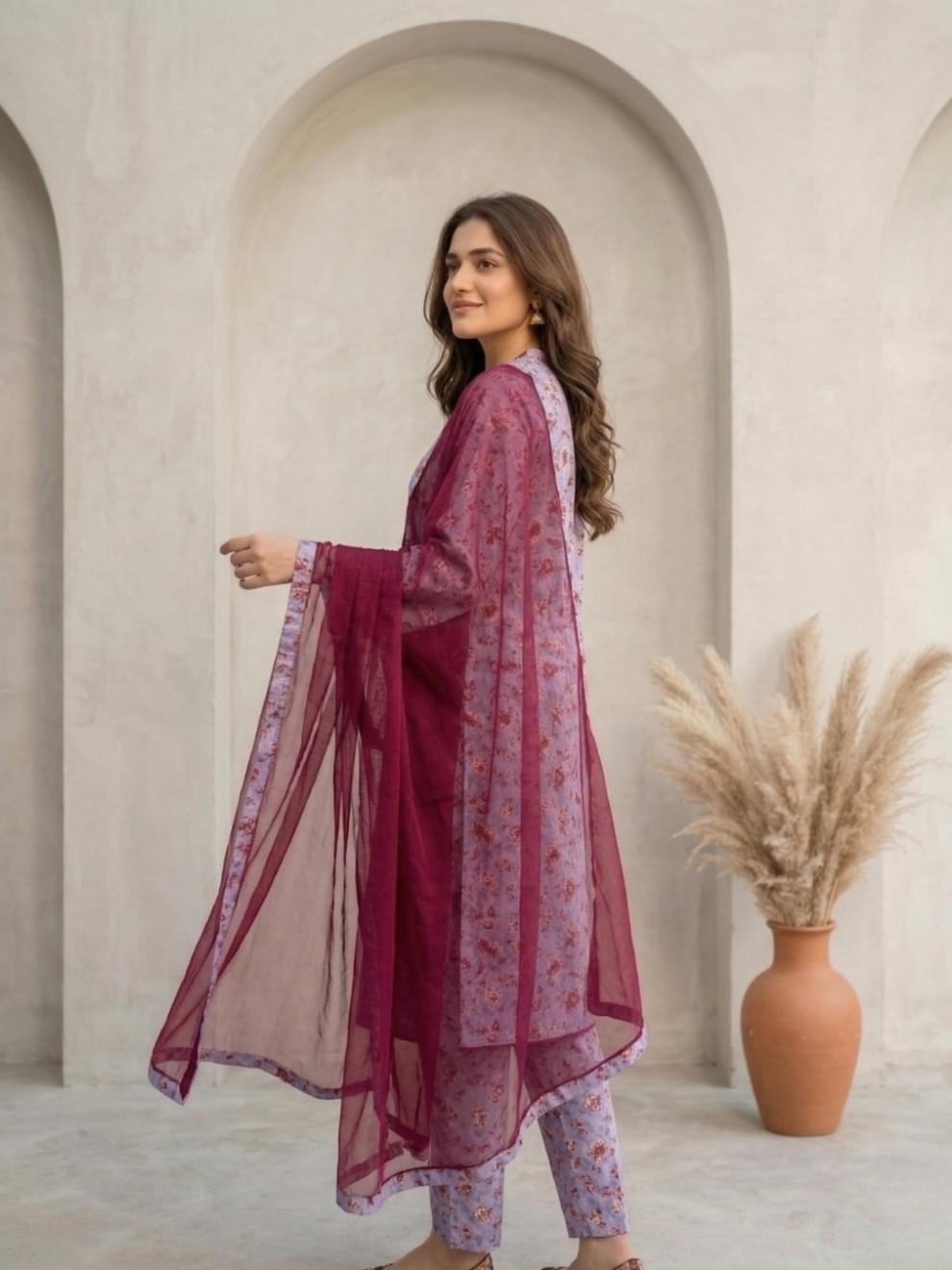 Lavender & Maroon Floral Printed Suit - Image 3