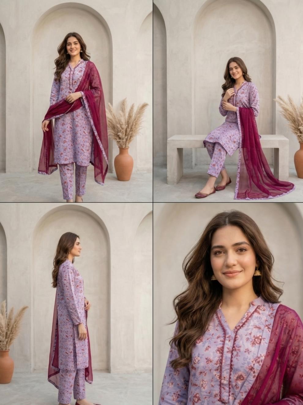 Lavender & Maroon Floral Printed Suit - Image 4