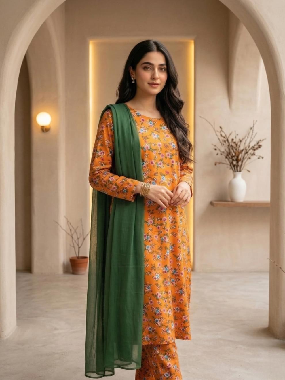 Tangerine & Forest Green Floral Printed Suit