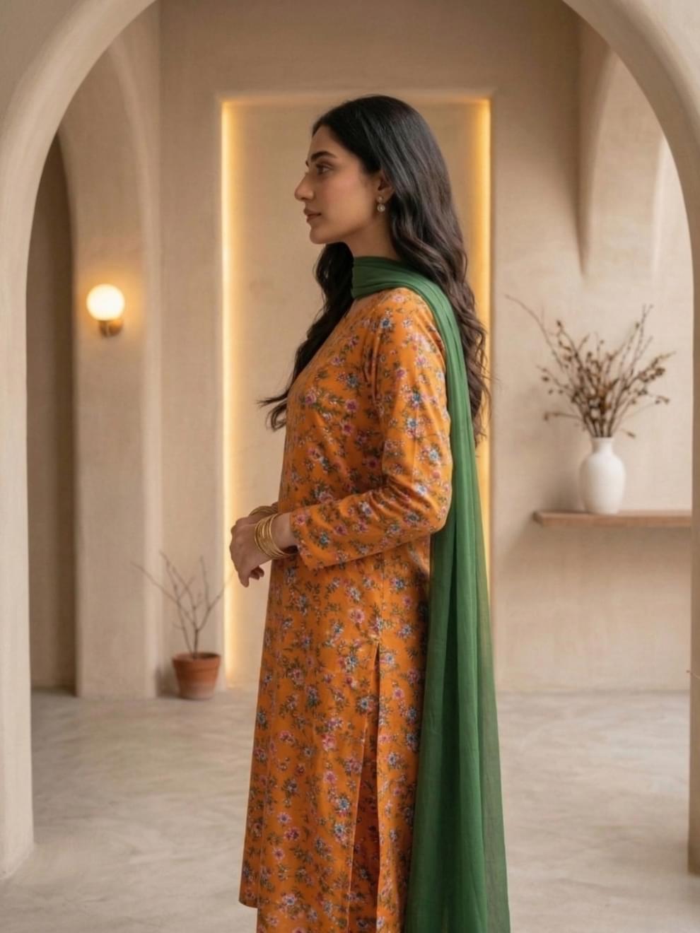 Tangerine & Forest Green Floral Printed Suit - Image 3