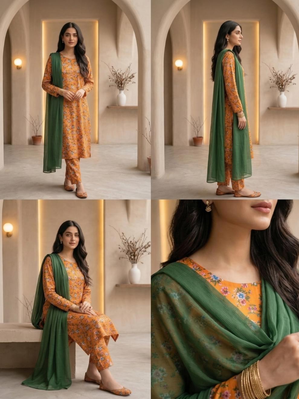 Tangerine & Forest Green Floral Printed Suit - Image 4