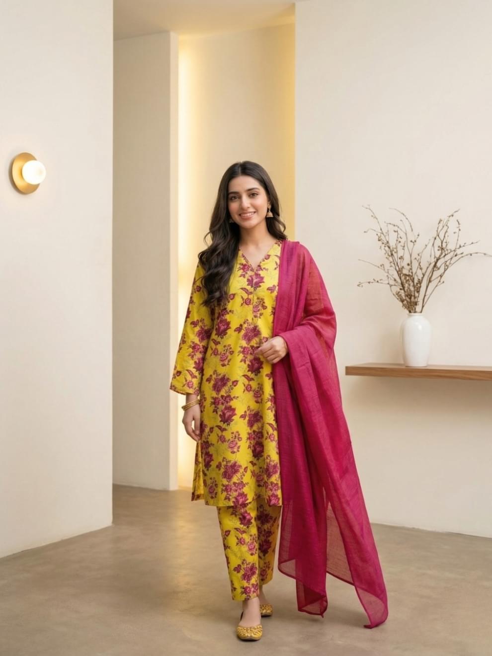 Yellow & Magenta Floral Printed Suit