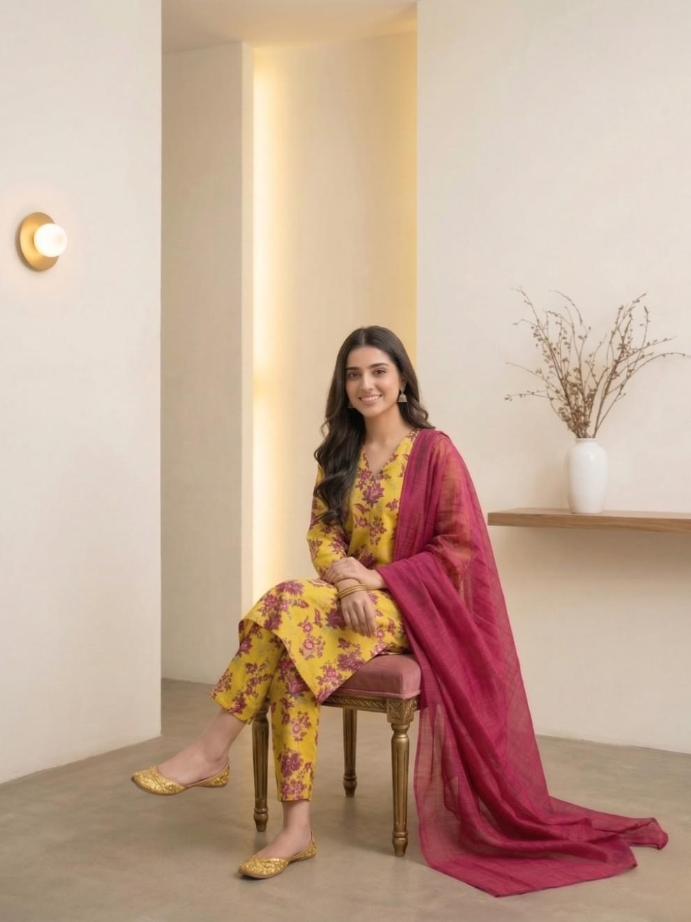 Yellow & Magenta Floral Printed Suit - Image 2