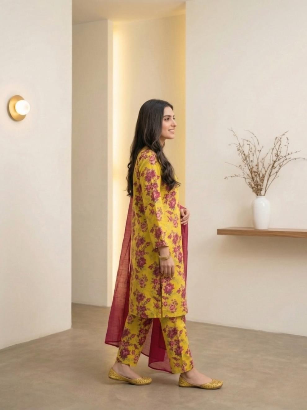 Yellow & Magenta Floral Printed Suit - Image 3