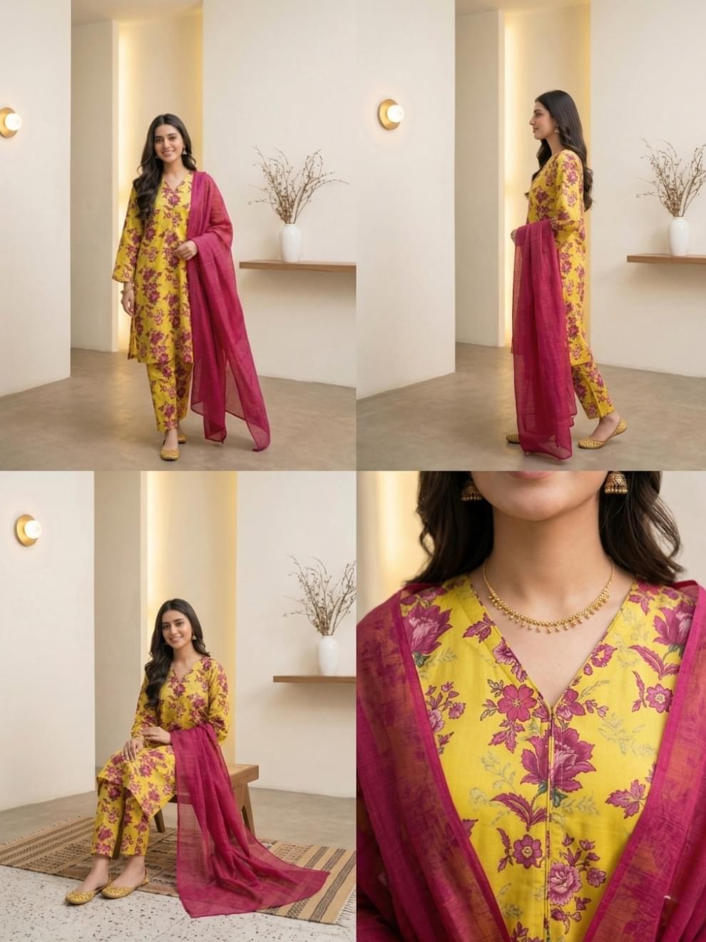 Yellow & Magenta Floral Printed Suit - Image 4
